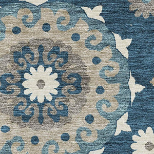 HomeRoots 8' X 10' Blue Ivory Beige Medallion Area Rug – Washable, UV-Protected, Durable for Homes with Kids & Pets 664030