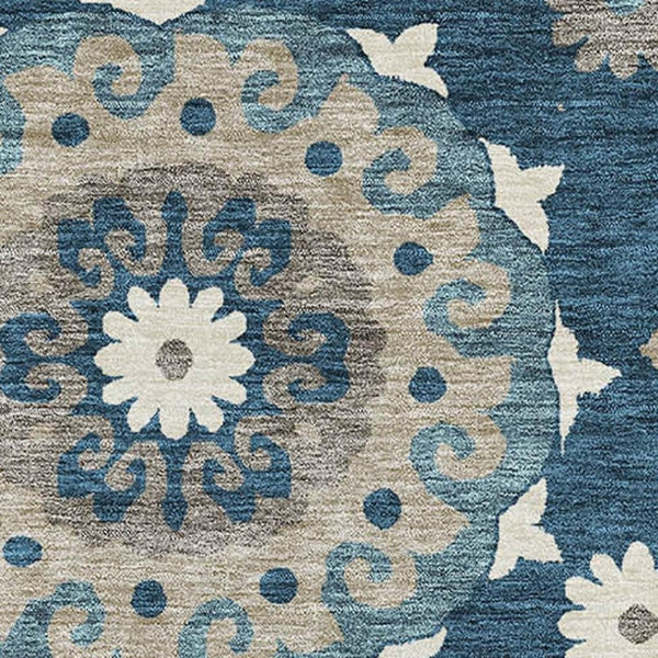 HomeRoots 8' X 10' Blue Ivory Beige Medallion Area Rug – Washable, UV-Protected, Durable for Homes with Kids & Pets 664030