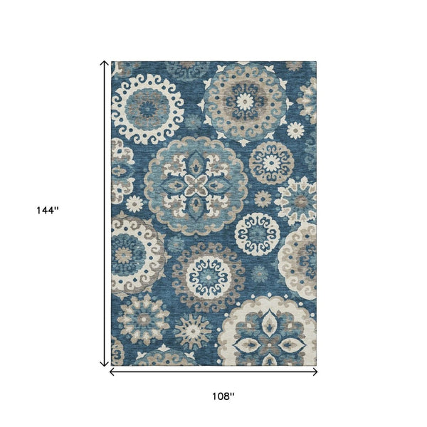 HomeRoots 9' X 12' Blue Ivory Beige Medallion Washable Area Rug - Stain Resistant, UV Protected, Durable Design 664031