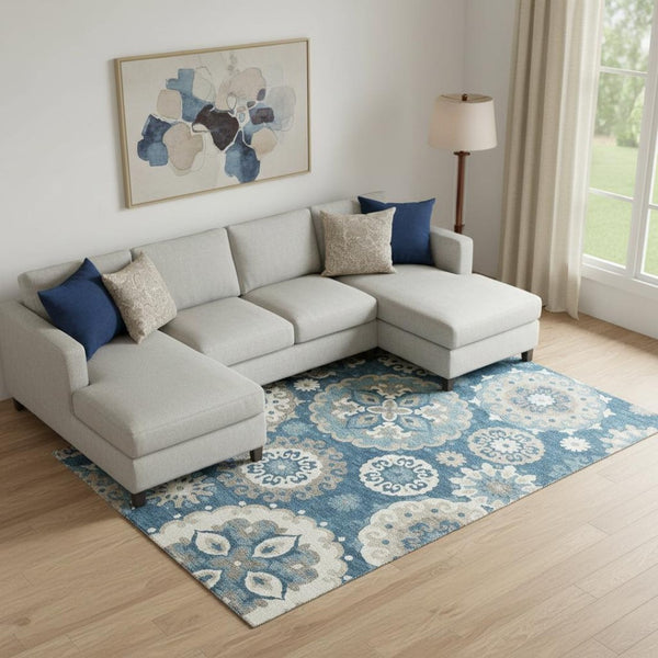 HomeRoots 9' X 12' Blue Ivory Beige Medallion Washable Area Rug - Stain Resistant, UV Protected, Durable Design 664031