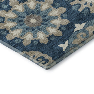 HomeRoots 9' X 12' Blue Ivory Beige Medallion Washable Area Rug - Stain Resistant, UV Protected, Durable Design 664031