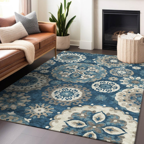 HomeRoots 9' X 12' Blue Ivory Beige Medallion Washable Area Rug - Stain Resistant, UV Protected, Durable Design 664031