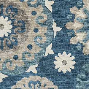 HomeRoots 9' X 12' Blue Ivory Beige Medallion Washable Area Rug - Stain Resistant, UV Protected, Durable Design 664031