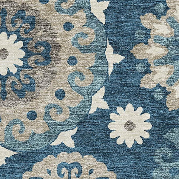 HomeRoots 9' X 12' Blue Ivory Beige Medallion Washable Area Rug - Stain Resistant, UV Protected, Durable Design 664031