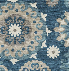 HomeRoots 9' X 12' Blue Ivory Beige Medallion Washable Area Rug - Stain Resistant, UV Protected, Durable Design 664031