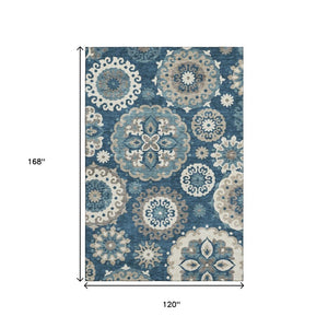 HomeRoots 10' X 14' Blue Ivory Beige Medallion Washable Area Rug - Durable, UV-Protected & Stylish for Homes 664032