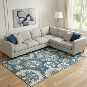 HomeRoots 10' X 14' Blue Ivory Beige Medallion Washable Area Rug - Durable, UV-Protected & Stylish for Homes 664032
