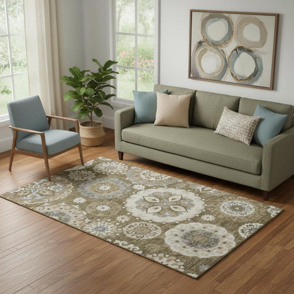 HomeRoots 5' X 8' Medallion Area Rug in Brown, Gray & Beige - Stylish, Stain-Resistant, UV-Protected Design 664034