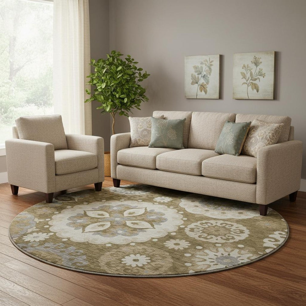 HomeRoots 8' Timeless Brown Gray Beige Medallion Washable Round Rug with UV Protection for Busy Homes 664035
