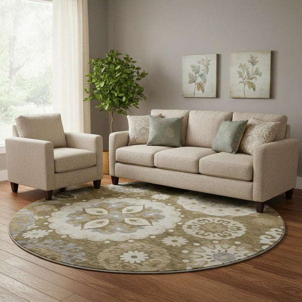 HomeRoots 8' Timeless Brown Gray Beige Medallion Washable Round Rug with UV Protection for Busy Homes 664035