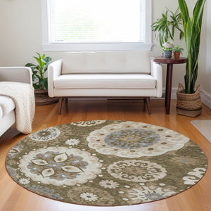 HomeRoots 8' Timeless Brown Gray Beige Medallion Washable Round Rug with UV Protection for Busy Homes 664035