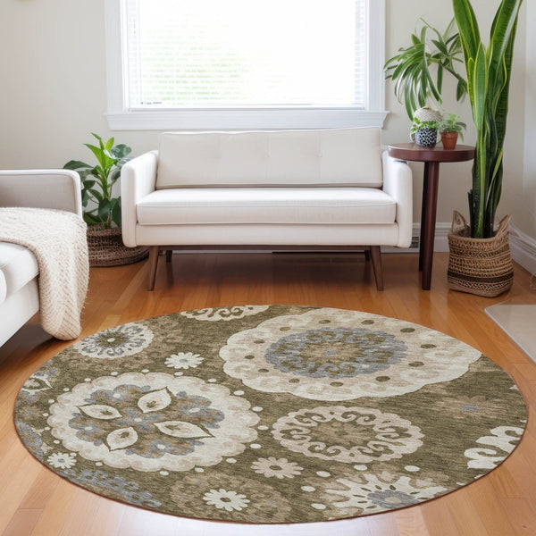 HomeRoots 8' Timeless Brown Gray Beige Medallion Washable Round Rug with UV Protection for Busy Homes 664035
