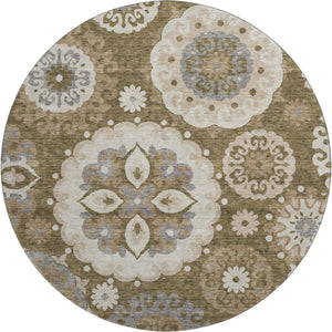 HomeRoots 8' Timeless Brown Gray Beige Medallion Washable Round Rug with UV Protection for Busy Homes 664035