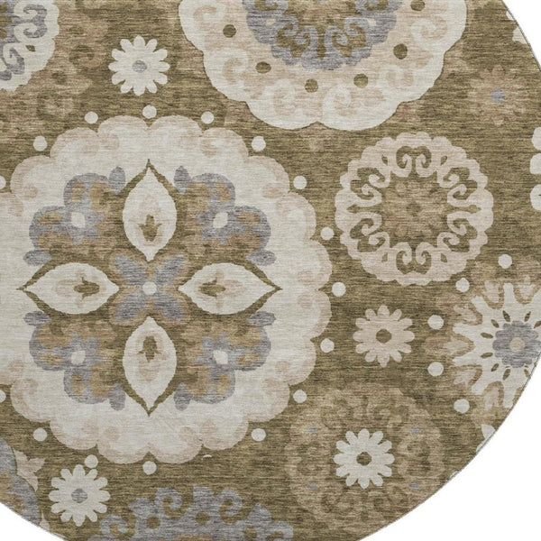 HomeRoots 8' Timeless Brown Gray Beige Medallion Washable Round Rug with UV Protection for Busy Homes 664035