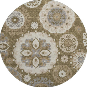 HomeRoots 8' Timeless Brown Gray Beige Medallion Washable Round Rug with UV Protection for Busy Homes 664035