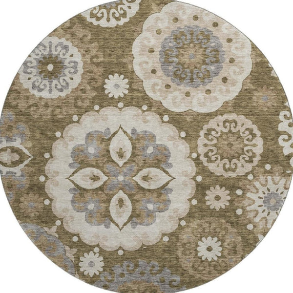 HomeRoots 8' Timeless Brown Gray Beige Medallion Washable Round Rug with UV Protection for Busy Homes 664035