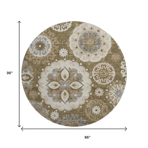 HomeRoots 8' Timeless Brown Gray Beige Medallion Washable Round Rug with UV Protection for Busy Homes 664035