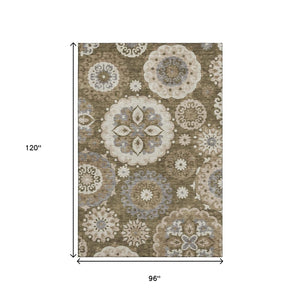 HomeRoots 8' X 10' Stylish Brown Gray Beige Medallion Area Rug - Washable, UV Protected, Stain Resistant Design 664036