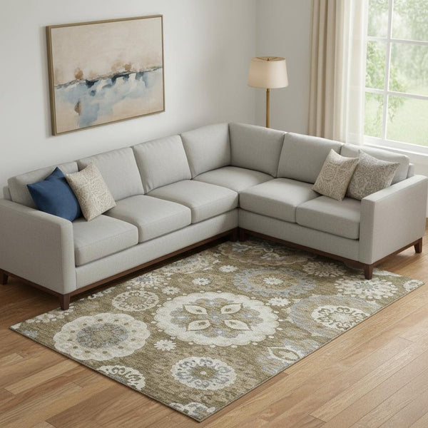 HomeRoots 8' X 10' Stylish Brown Gray Beige Medallion Area Rug - Washable, UV Protected, Stain Resistant Design 664036