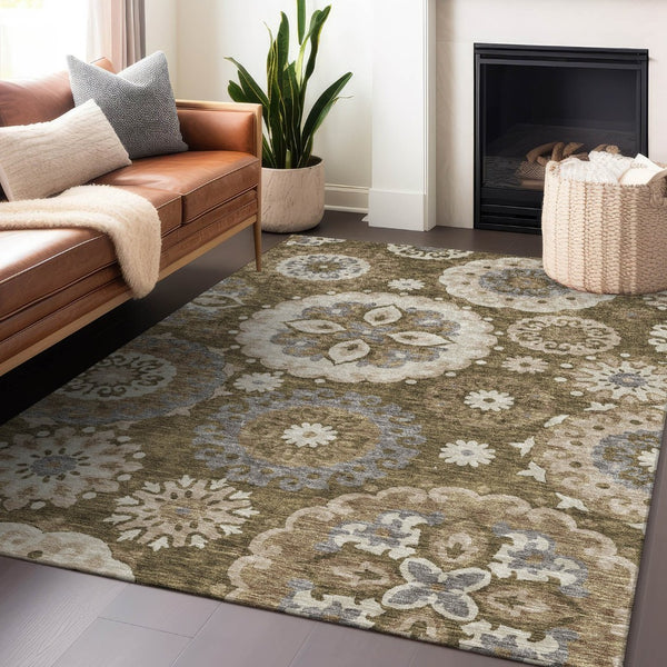 HomeRoots 8' X 10' Stylish Brown Gray Beige Medallion Area Rug - Washable, UV Protected, Stain Resistant Design 664036