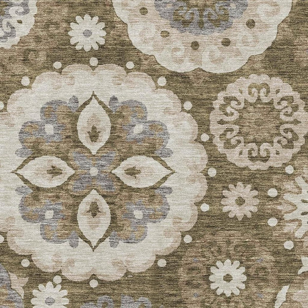 HomeRoots 8' X 10' Stylish Brown Gray Beige Medallion Area Rug - Washable, UV Protected, Stain Resistant Design 664036
