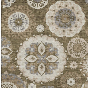 HomeRoots 8' X 10' Stylish Brown Gray Beige Medallion Area Rug - Washable, UV Protected, Stain Resistant Design 664036