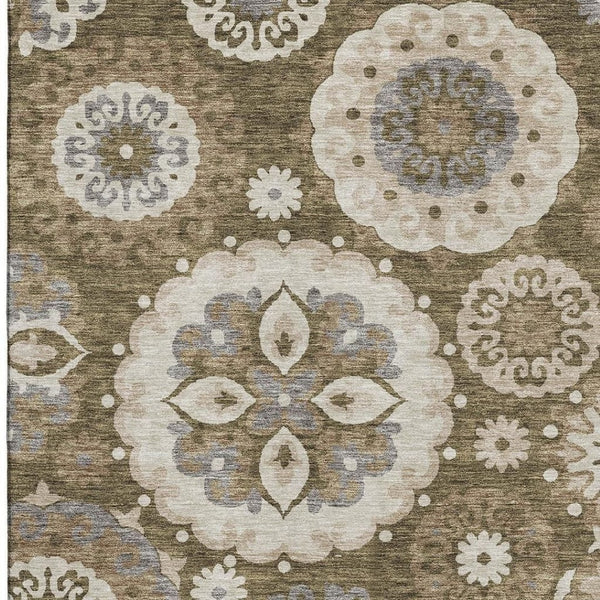 HomeRoots 8' X 10' Stylish Brown Gray Beige Medallion Area Rug - Washable, UV Protected, Stain Resistant Design 664036