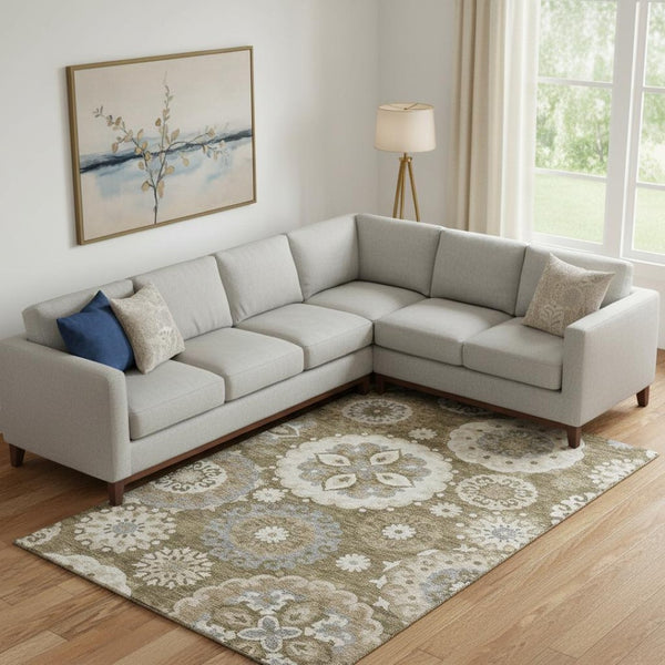 HomeRoots 9' Transitional Medallion Area Rug in Brown, Gray, and Beige - Washable & UV Protected Design 664037