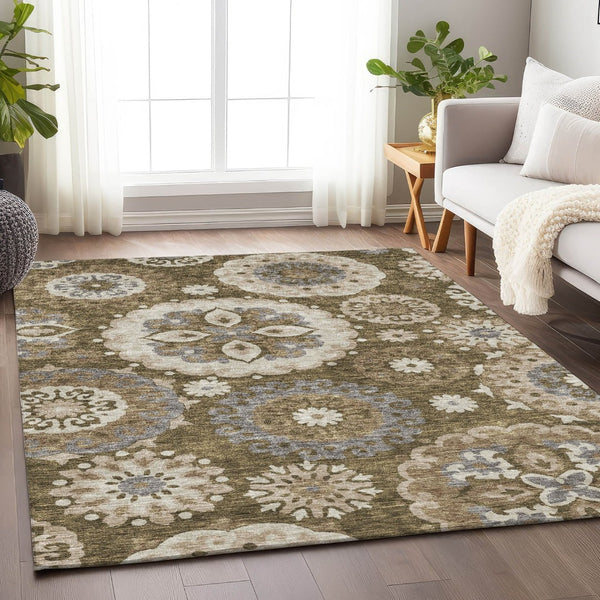 HomeRoots 9' Transitional Medallion Area Rug in Brown, Gray, and Beige - Washable & UV Protected Design 664037