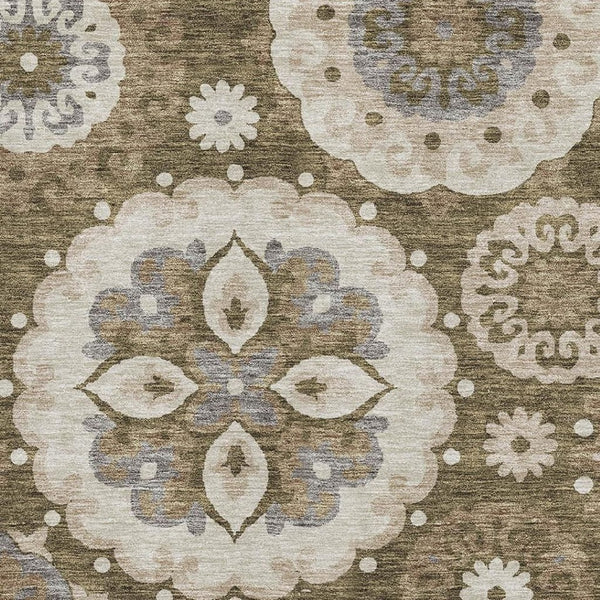 HomeRoots 10' Medallion Washable Area Rug - Durable Brown, Gray & Beige Design with UV Protection for Homes 664038