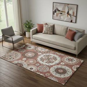 HomeRoots 5' X 8' Rust Gray Beige Medallion Area Rug - Washable, UV-Protected, Stylish & Durable for Any Room 664046