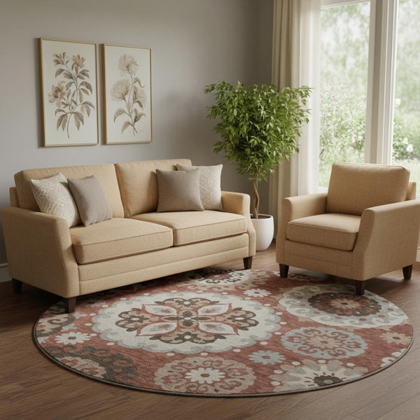 HomeRoots 8' Washable Round Medallion Rug in Rust, Gray & Beige - Durable, UV-Protected, Family-Friendly Decor 664047