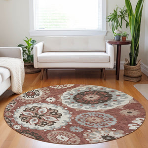HomeRoots 8' Washable Round Medallion Rug in Rust, Gray & Beige - Durable, UV-Protected, Family-Friendly Decor 664047