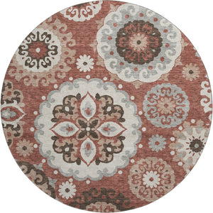 HomeRoots 8' Washable Round Medallion Rug in Rust, Gray & Beige - Durable, UV-Protected, Family-Friendly Decor 664047