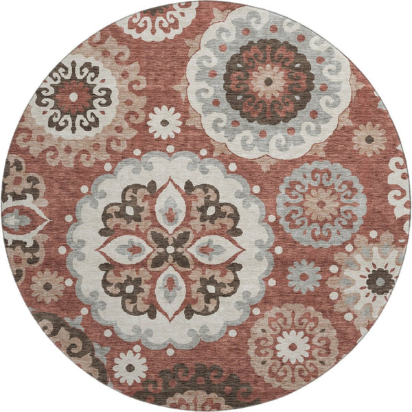 HomeRoots 8' Washable Round Medallion Rug in Rust, Gray & Beige - Durable, UV-Protected, Family-Friendly Decor 664047