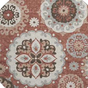 HomeRoots 8' Washable Round Medallion Rug in Rust, Gray & Beige - Durable, UV-Protected, Family-Friendly Decor 664047