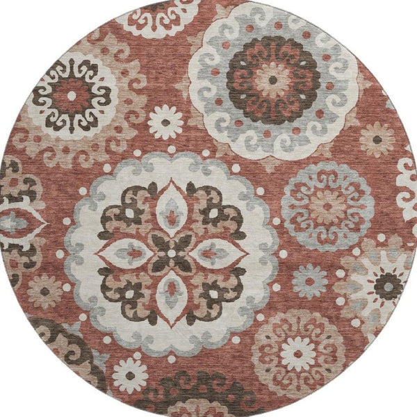 HomeRoots 8' Washable Round Medallion Rug in Rust, Gray & Beige - Durable, UV-Protected, Family-Friendly Decor 664047