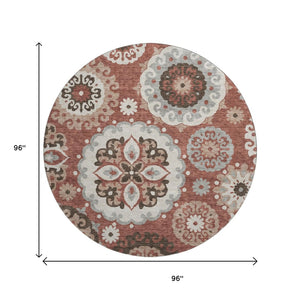 HomeRoots 8' Washable Round Medallion Rug in Rust, Gray & Beige - Durable, UV-Protected, Family-Friendly Decor 664047