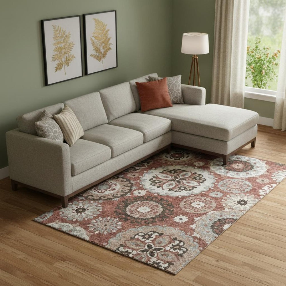 HomeRoots 8' X 10' Stylish Rust Gray Beige Medallion Washable Area Rug with UV Protection for Active Homes 664048