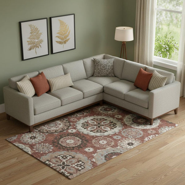 HomeRoots 9' X 12' Medallion Area Rug in Rust, Gray & Beige - Durable, Washable, UV Protected for Busy Homes 664049
