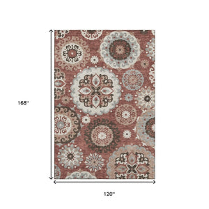 HomeRoots 10' X 14' Medallion Area Rug in Rust Gray & Beige - Stain-Resistant, UV-Protected, Durable Design 664050