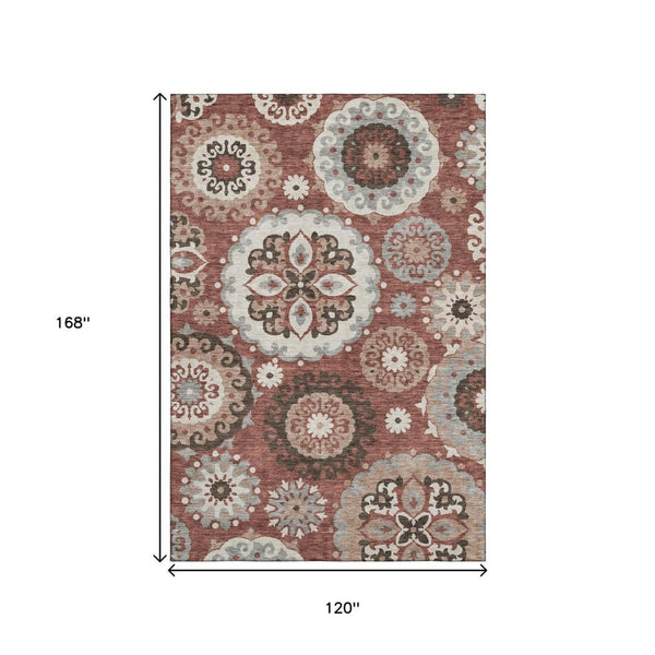 HomeRoots 10' X 14' Medallion Area Rug in Rust Gray & Beige - Stain-Resistant, UV-Protected, Durable Design 664050