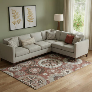 HomeRoots 10' X 14' Medallion Area Rug in Rust Gray & Beige - Stain-Resistant, UV-Protected, Durable Design 664050