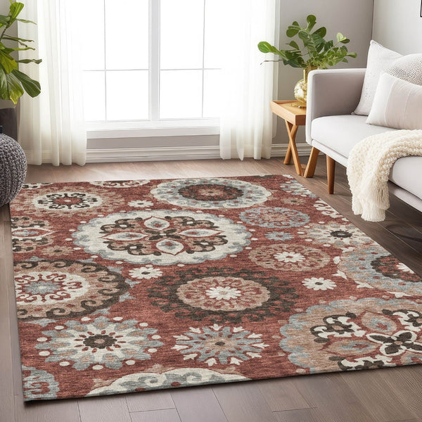 HomeRoots 10' X 14' Medallion Area Rug in Rust Gray & Beige - Stain-Resistant, UV-Protected, Durable Design 664050
