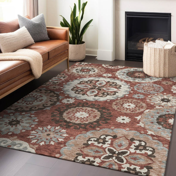 HomeRoots 10' X 14' Medallion Area Rug in Rust Gray & Beige - Stain-Resistant, UV-Protected, Durable Design 664050