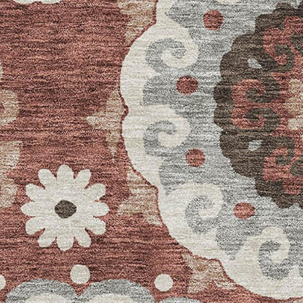 HomeRoots 10' X 14' Medallion Area Rug in Rust Gray & Beige - Stain-Resistant, UV-Protected, Durable Design 664050