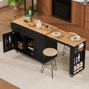English Elm K&k Rolling Kitchen Island with Extendable Table Open Shelving and Built-in Power Outlet Black N707P360278B