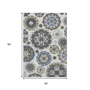 HomeRoots 5' X 8' Pewter Blue & Gray Medallion Area Rug – Stylish, Washable, UV Protected for Busy Homes! 664052