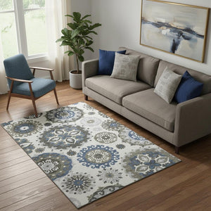 HomeRoots 5' X 8' Pewter Blue & Gray Medallion Area Rug – Stylish, Washable, UV Protected for Busy Homes! 664052