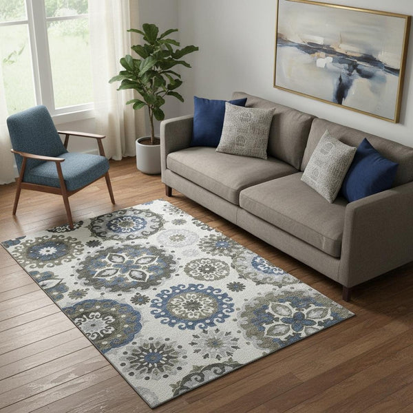 HomeRoots 5' X 8' Pewter Blue & Gray Medallion Area Rug – Stylish, Washable, UV Protected for Busy Homes! 664052